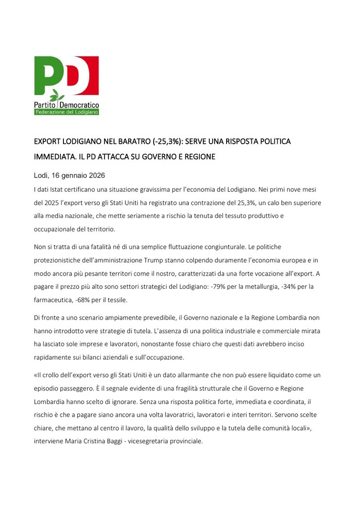 Prima pagina del comunicato stampa del 16 gennaio 2026