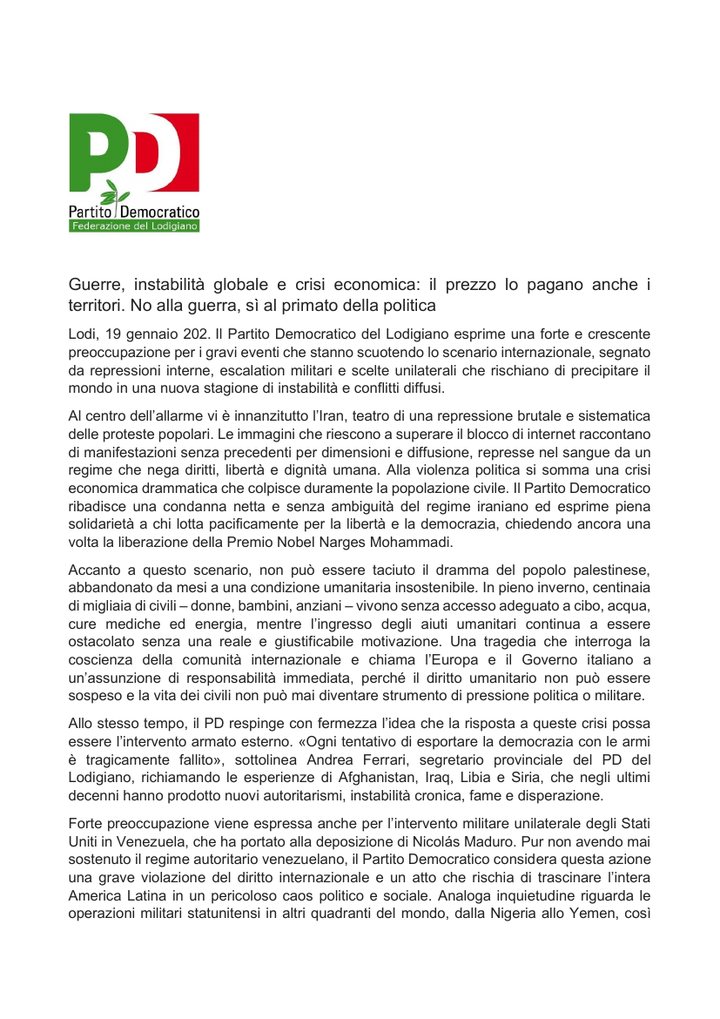 Prima pagina del comunicato stampa del 19 gennaio 2026