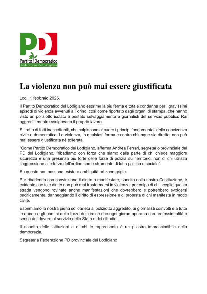 Prima pagina del comunicato stampa del 1 febbraio 2026