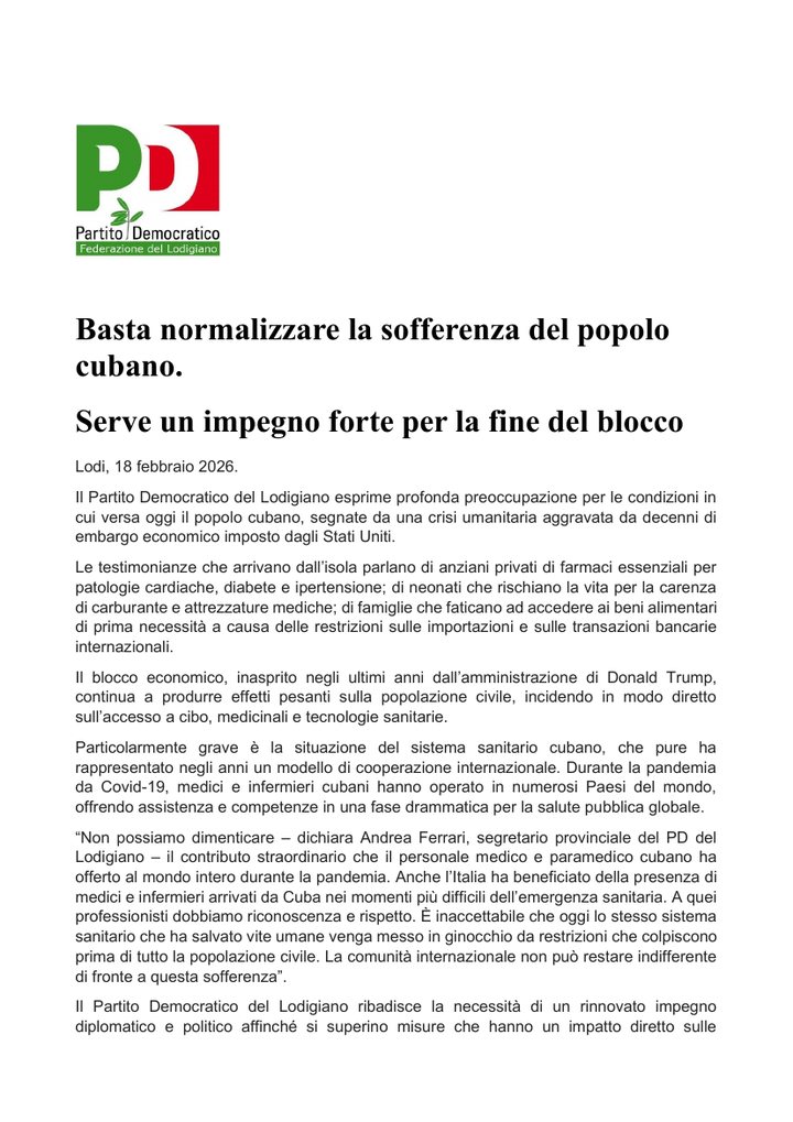Prima pagina del comunicato stampa del 18 febbraio 2026