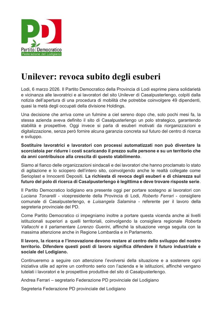 Prima pagina del comunicato stampa del 6 marzo 2026