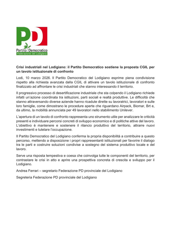 Prima pagina del comunicato stampa del 10 marzo 2026