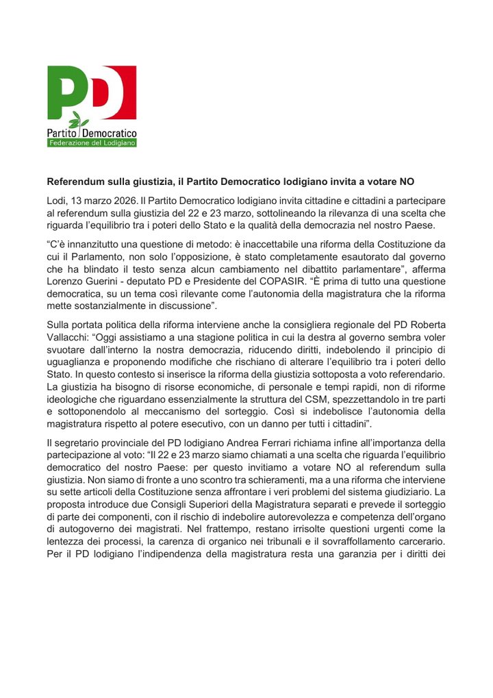 Prima pagina del comunicato stampa del 13 marzo 2026