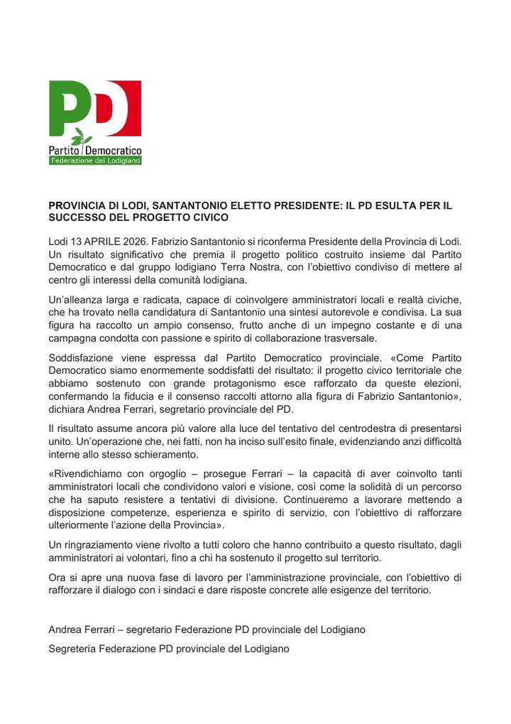 Prima pagina del comunicato stampa del 13 aprile 2026