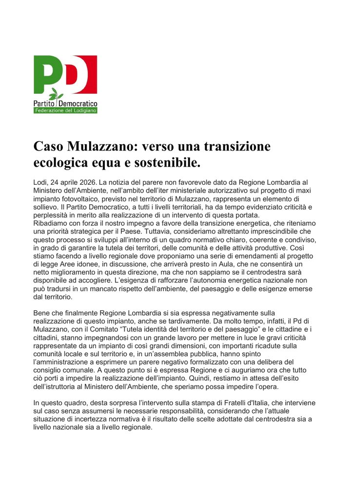 Prima pagina del comunicato stampa del 24 aprile 2026