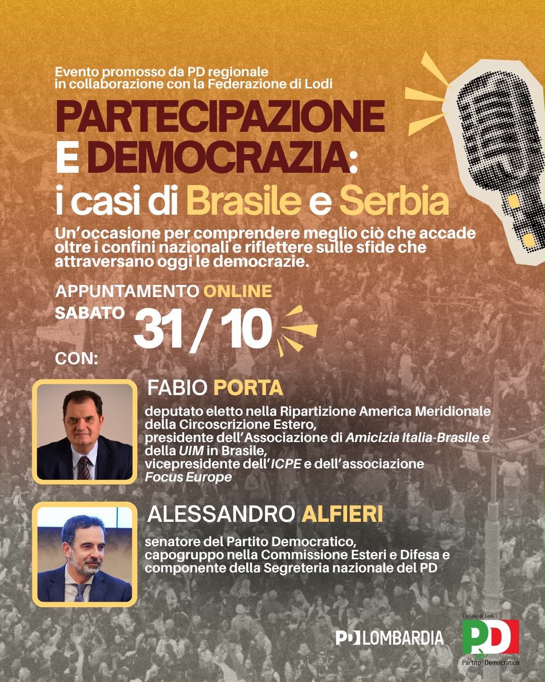 Locandina dell'incontro online Partecipazione e democrazia: i casi di Brasile e Serbia, sabato 31 ottobre 2026