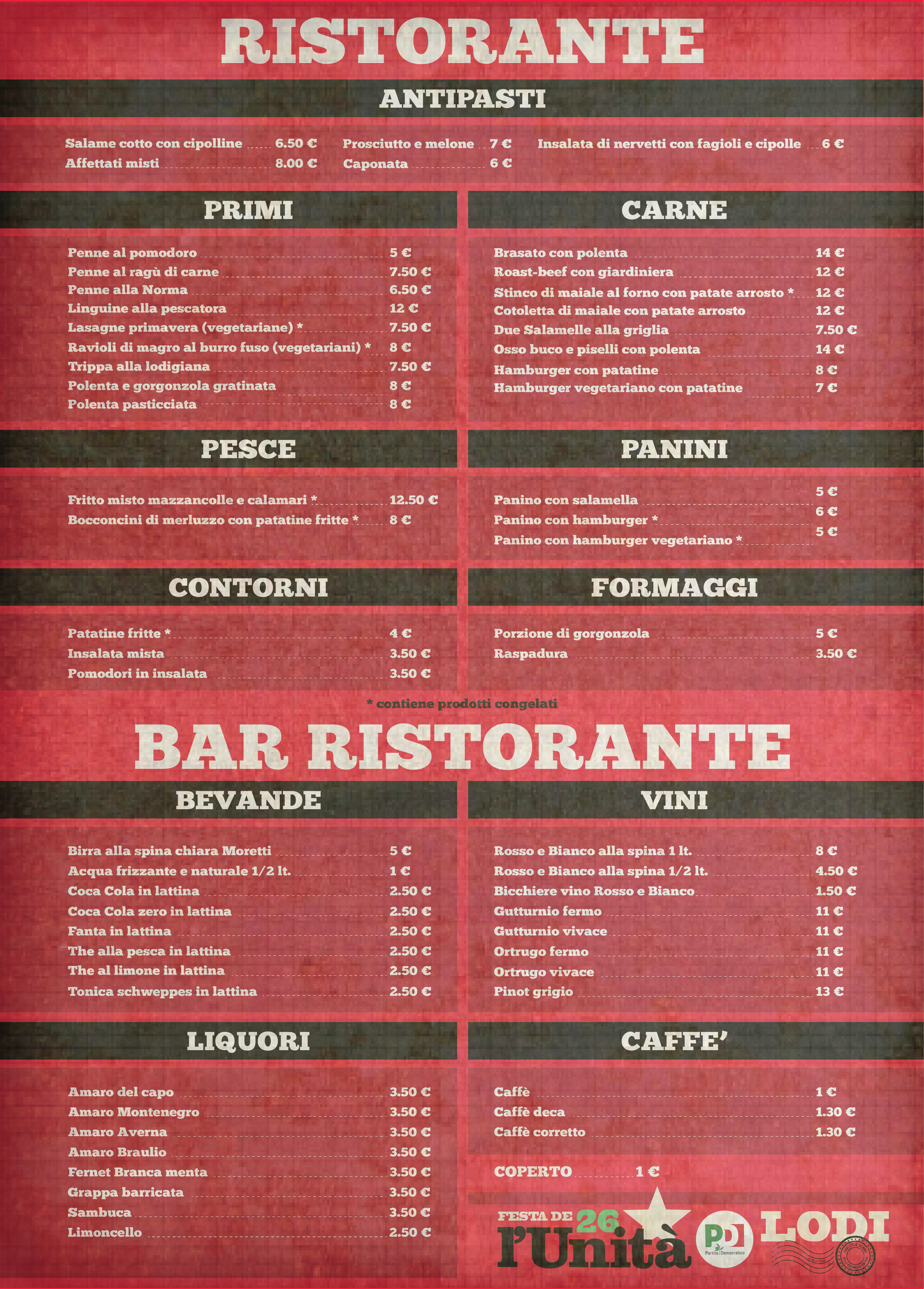 Menù Ristorante della Festa de l'Unità 2026