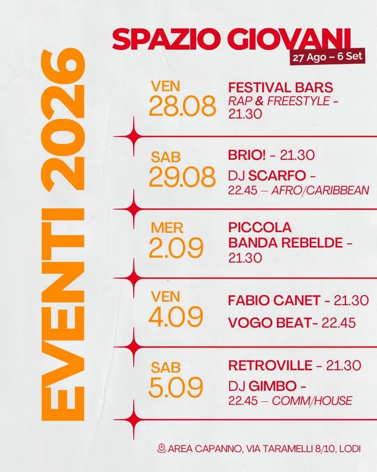Programma eventi Spazio Giovani della Festa de l'Unità 2026